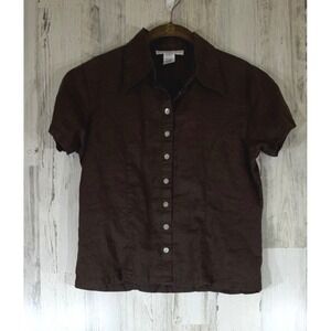 Ballinger Gold Button Down Top Small Brown 100%‎ Linen Tailored Neutral Office